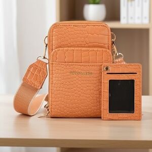 Passage Orange Crocodile Embossed Faux Leather Crossbody Bag with Shoulder Strap